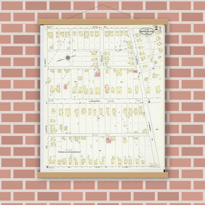 Old map wall art mockup — magnetic wood frame on brick wall — Sanborn Fire Insurance Map from New Philadelphia, Tuscarawas County, Ohio (1910), Sheet #0002