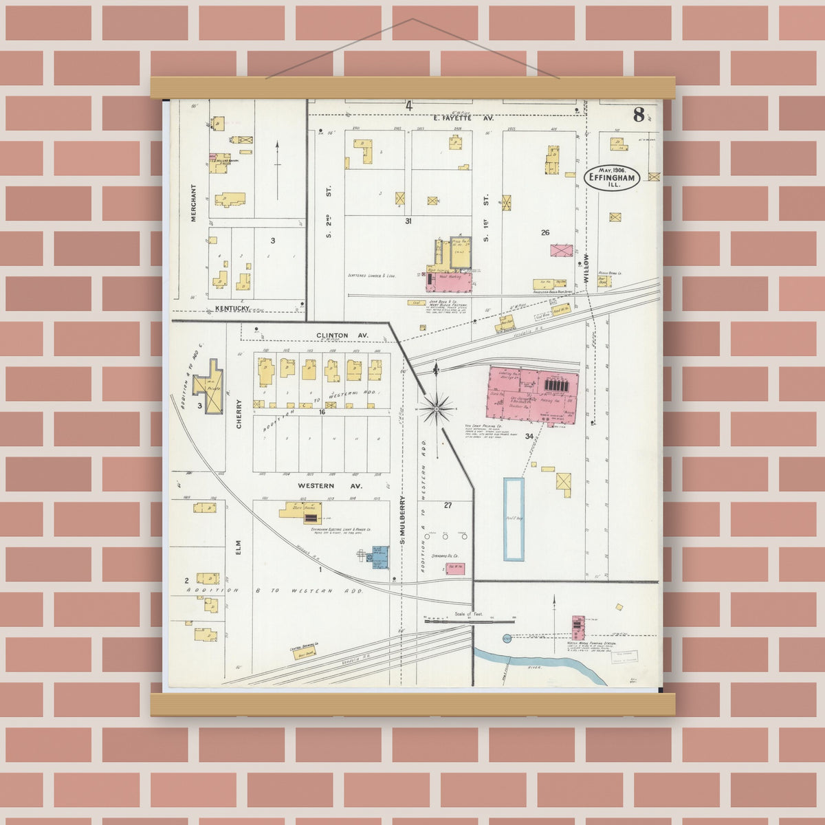 Old map wall art mockup — magnetic wood frame on brick wall — Sanborn Fire Insurance Map from Effingham, Effingham County, Illinois (1906), Sheet #0008