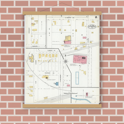 Old map wall art mockup — magnetic wood frame on brick wall — Sanborn Fire Insurance Map from Effingham, Effingham County, Illinois (1906), Sheet #0008
