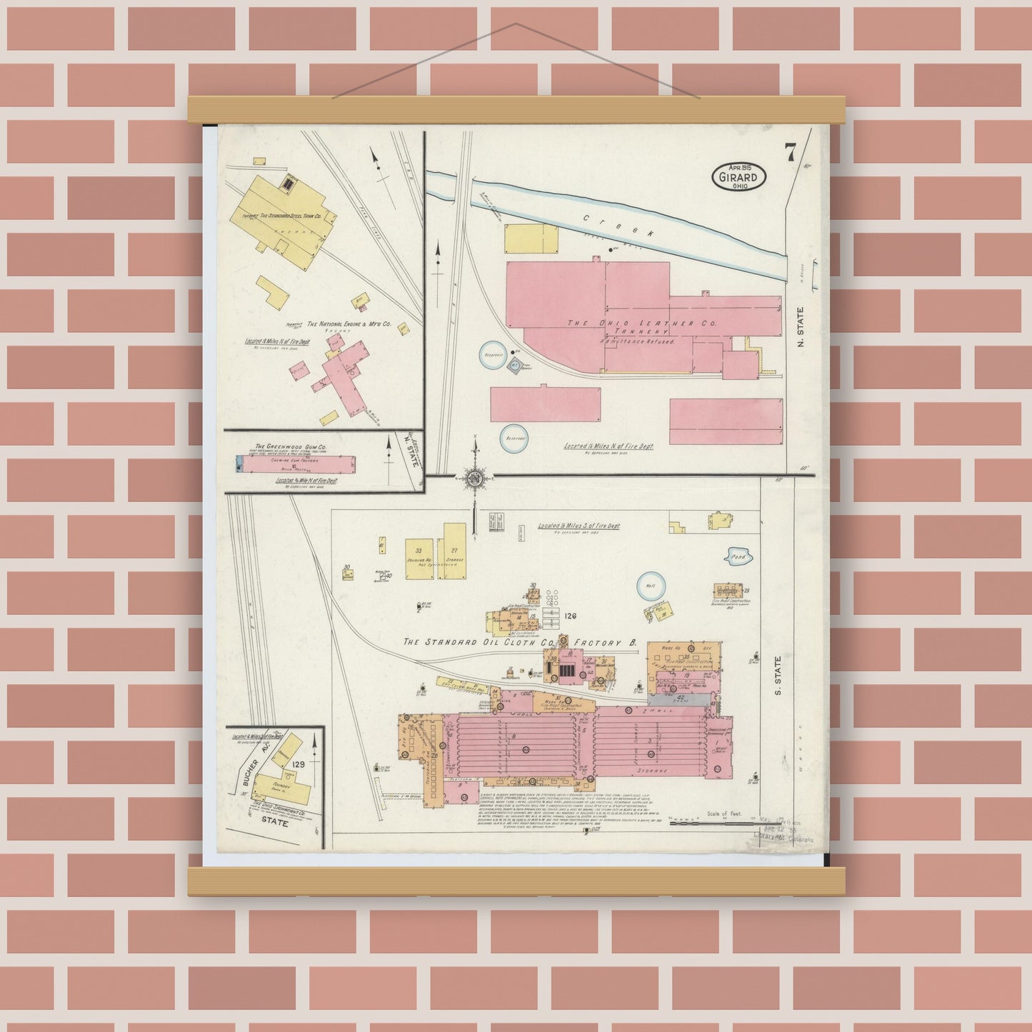 Old map wall art mockup — magnetic wood frame on brick wall — Sanborn Fire Insurance Map from Girard, Trumbull County, Ohio (1915), Sheet #0007