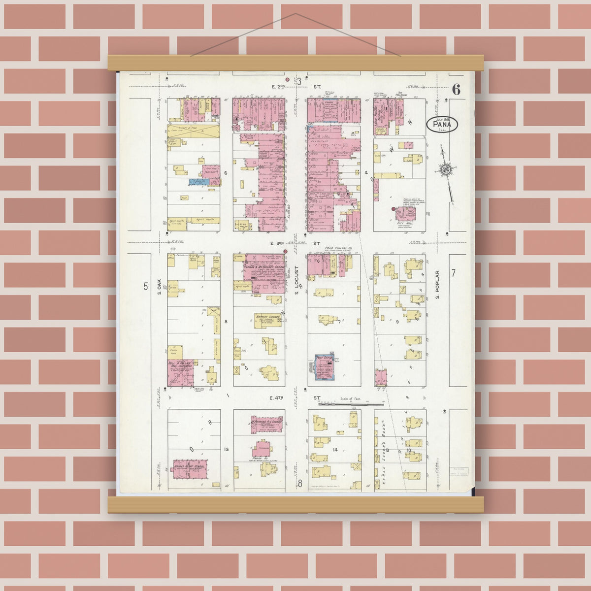 Old map wall art mockup — magnetic wood frame on brick wall — Sanborn Fire Insurance Map from Pana, Christian County, Illinois (1916), Sheet #0006