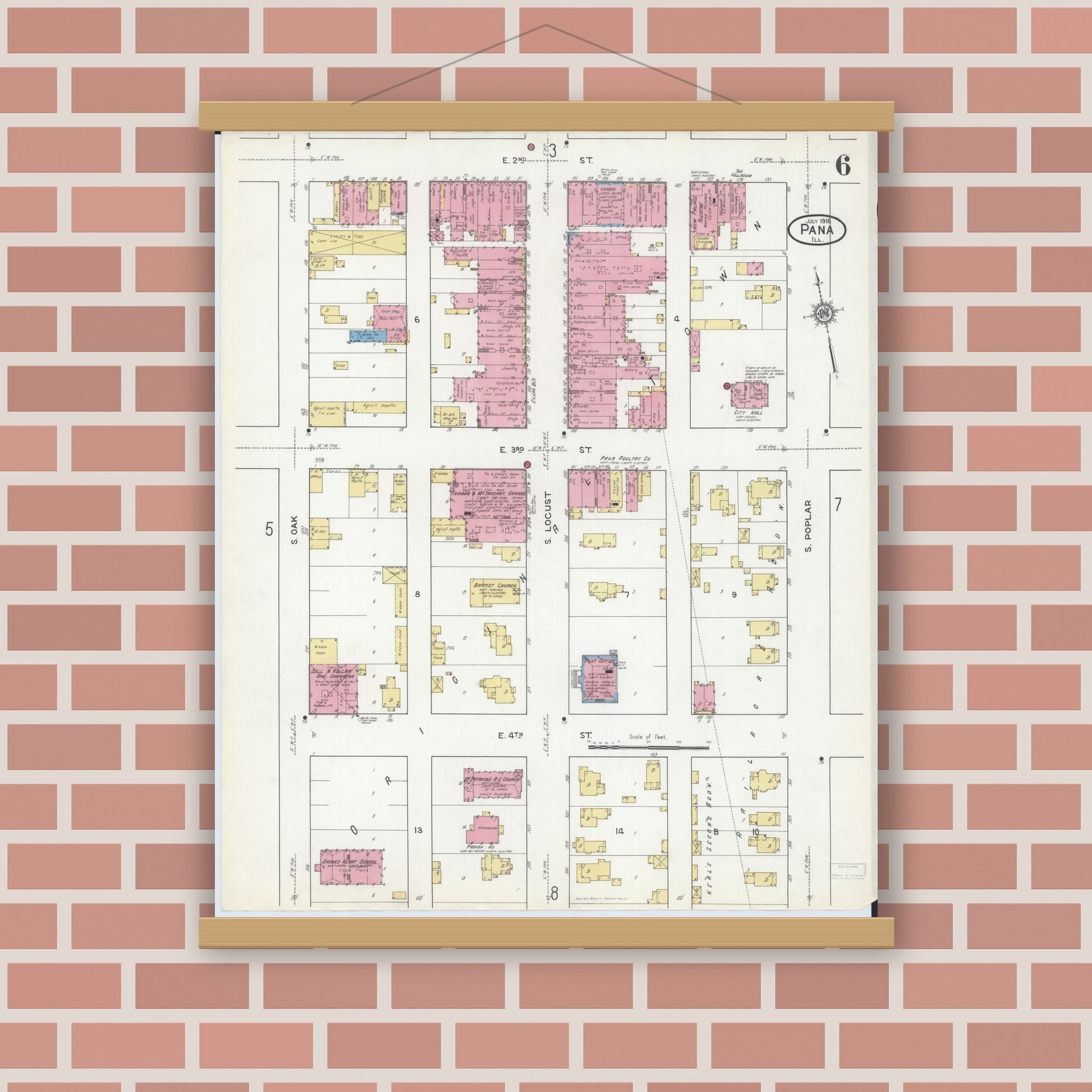 Old map wall art mockup — magnetic wood frame on brick wall — Sanborn Fire Insurance Map from Pana, Christian County, Illinois (1916), Sheet #0006