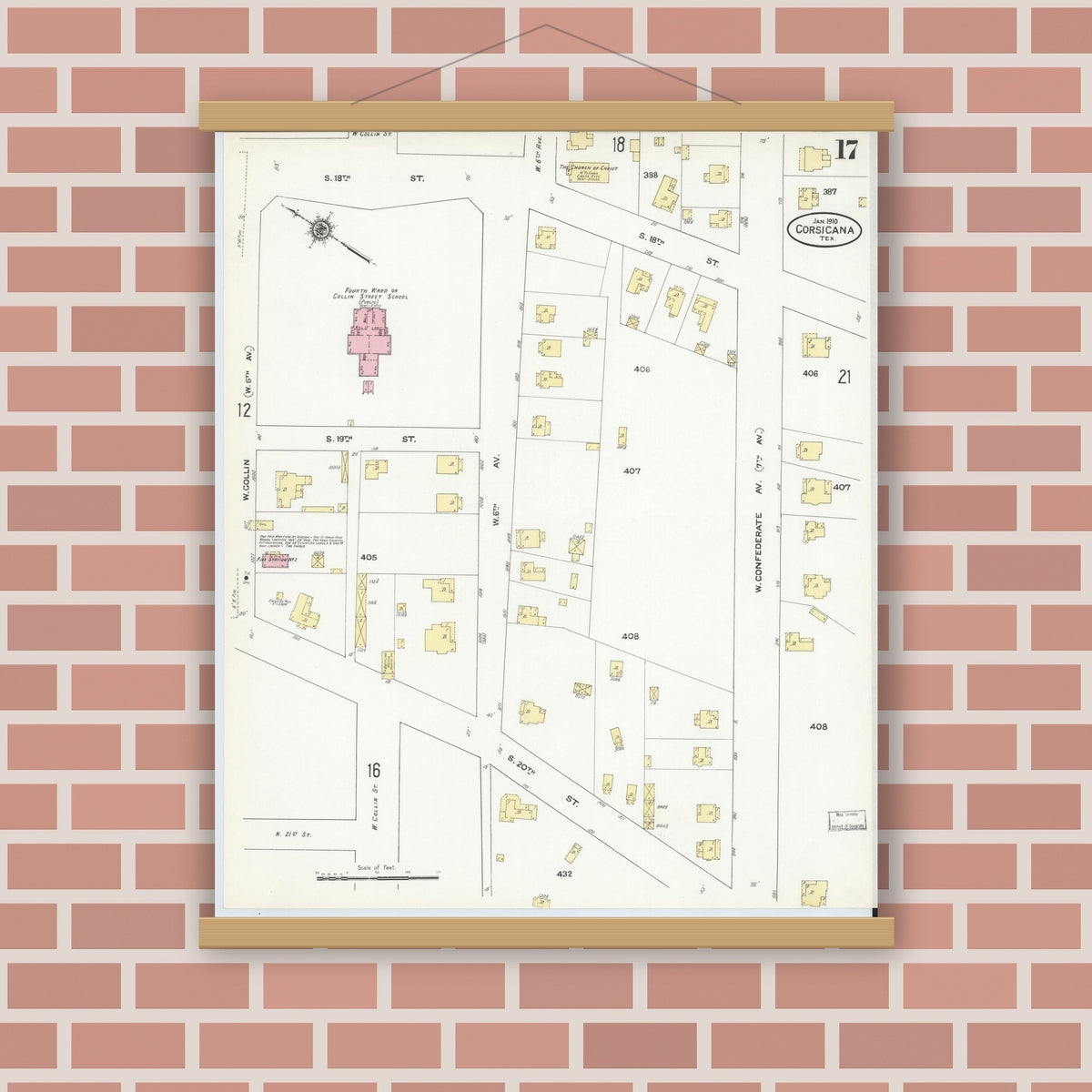 Old map wall art mockup — magnetic wood frame on brick wall — Sanborn Map from Corsicana, Navarro County, Texas (1910), Sheet #0017
