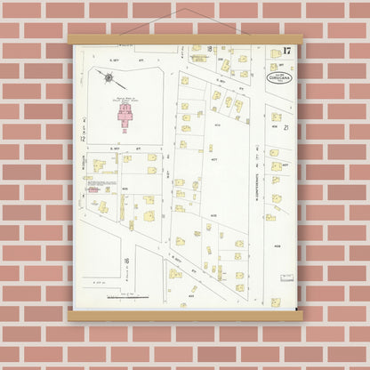Old map wall art mockup — magnetic wood frame on brick wall — Sanborn Map from Corsicana, Navarro County, Texas (1910), Sheet #0017