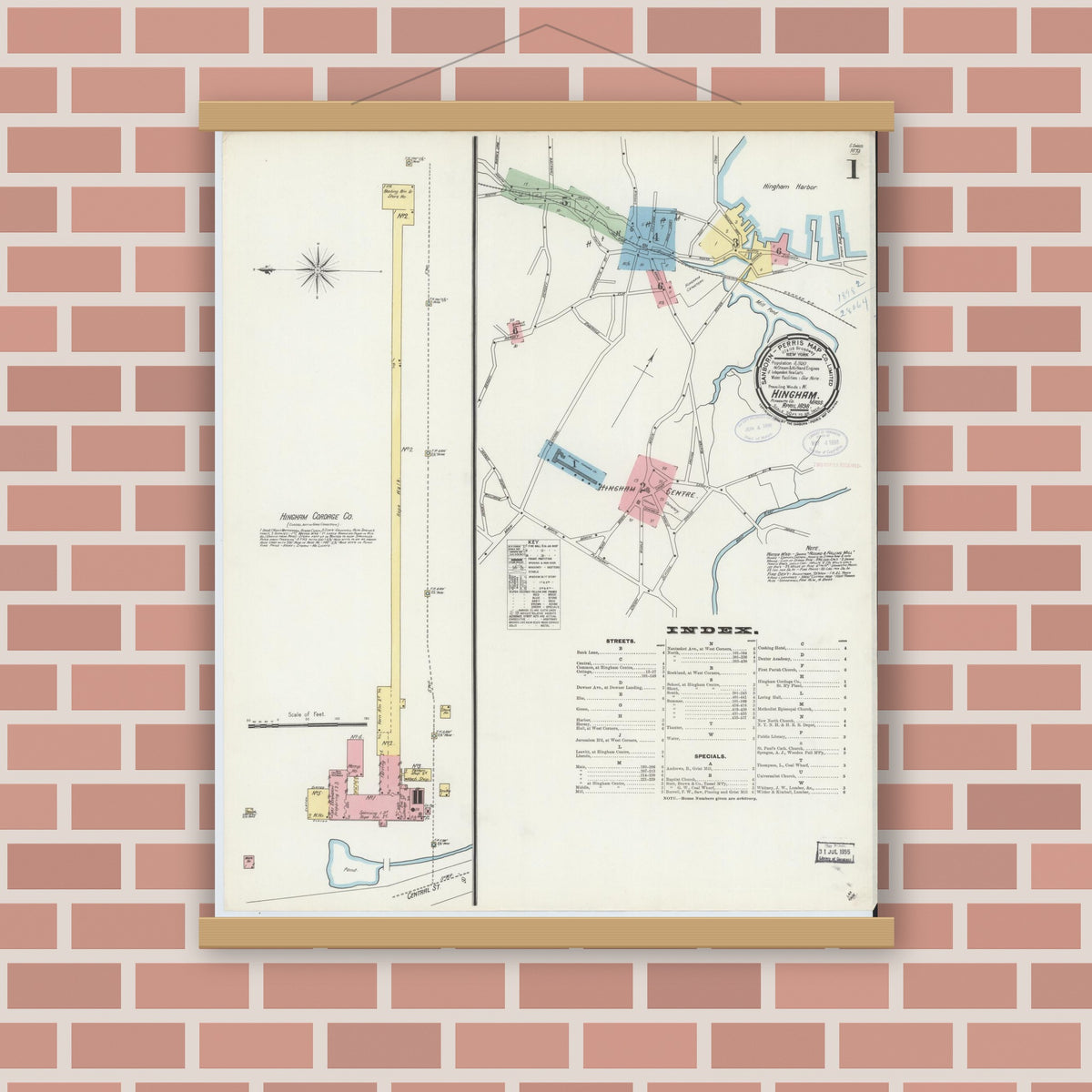 Old map wall art mockup — magnetic wood frame on brick wall — Sanborn Fire Insurance Map from Hingham, Plymouth County, Massachusetts (1898) - Complete Map Set