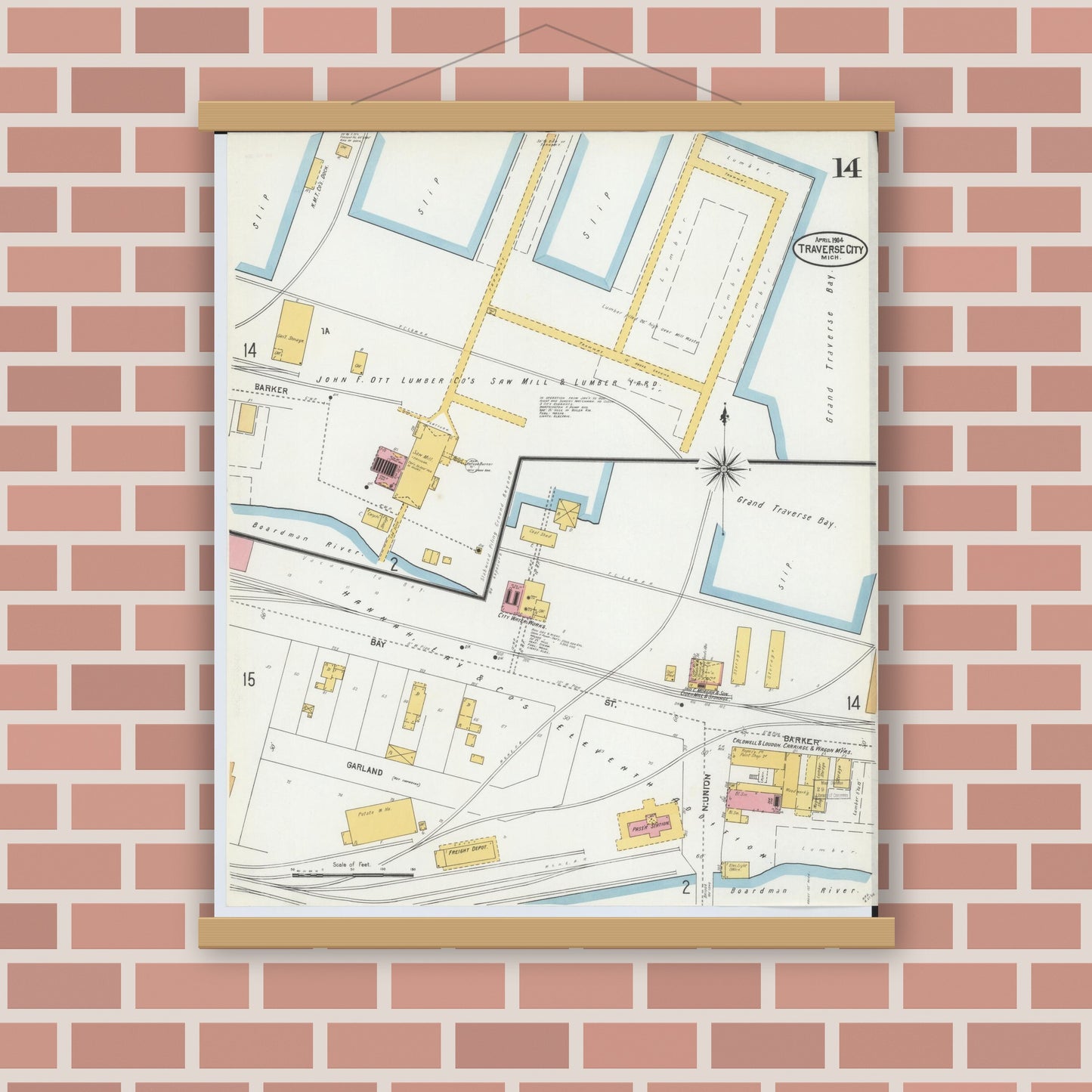 Old map wall art mockup — magnetic wood frame on brick wall — Sanborn Fire Insurance Map from Traverse City, Grand Traverse County, Michigan (1904), Sheet #0014