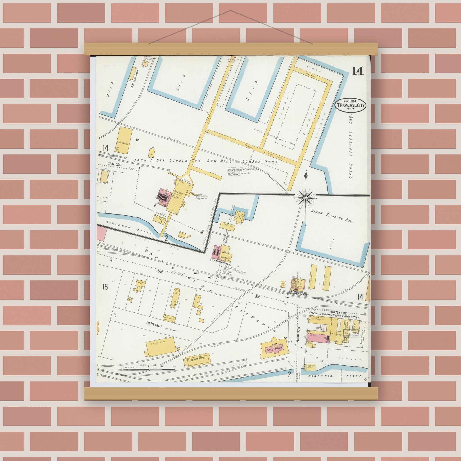Old map wall art mockup — magnetic wood frame on brick wall — Sanborn Fire Insurance Map from Traverse City, Grand Traverse County, Michigan (1904), Sheet #0014