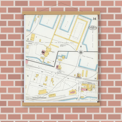 Old map wall art mockup — magnetic wood frame on brick wall — Sanborn Fire Insurance Map from Traverse City, Grand Traverse County, Michigan (1904), Sheet #0014