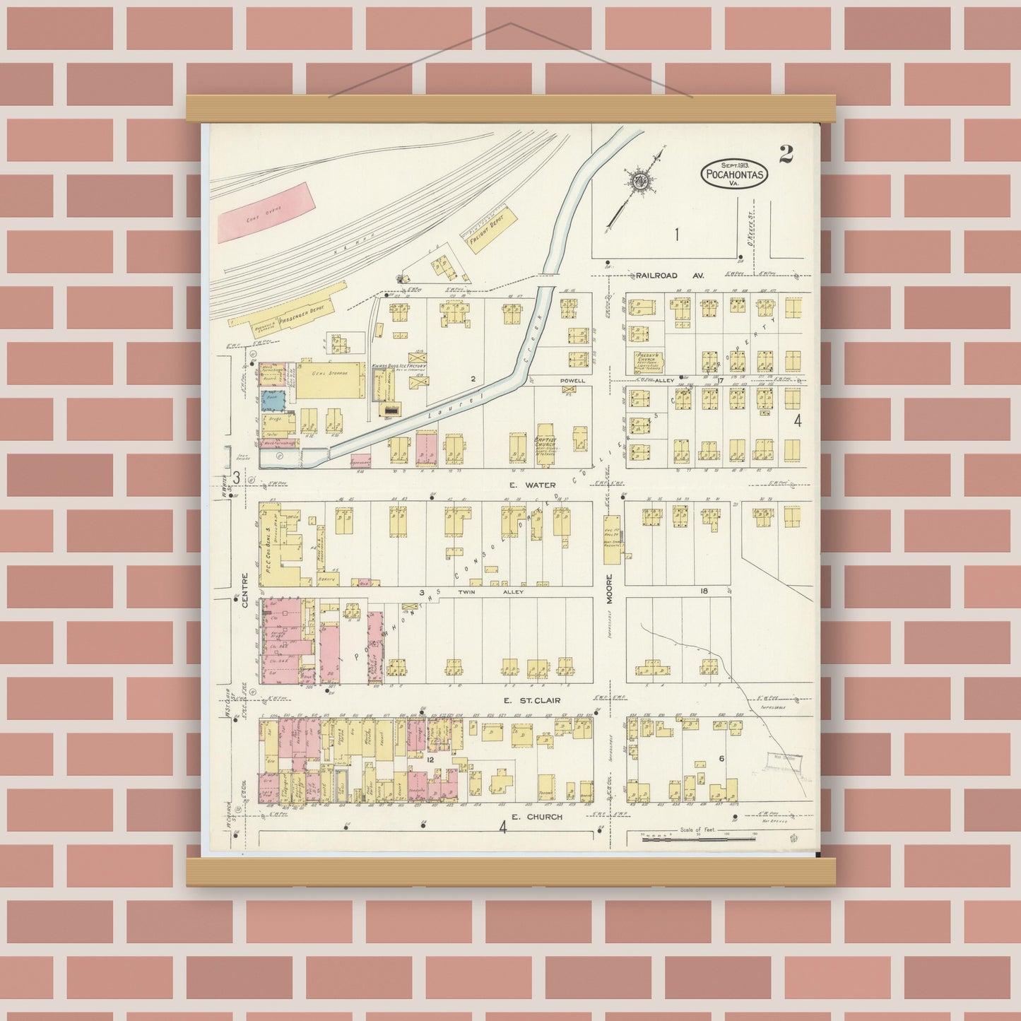 Old map wall art mockup — magnetic wood frame on brick wall — Sanborn Fire Insurance Map from Pocahontas, Tazewell County, Virginia (1913), Sheet #0002