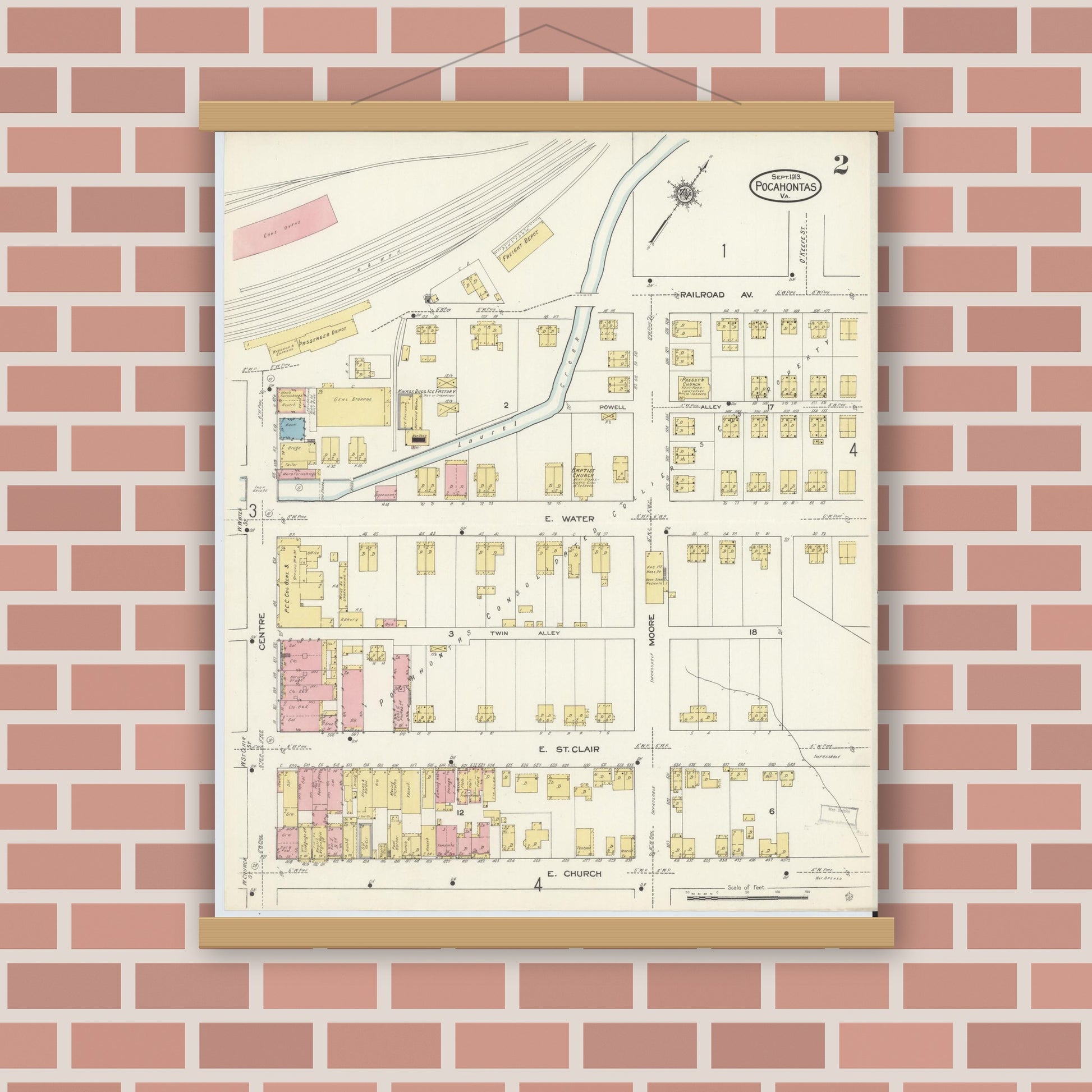 Old map wall art mockup — magnetic wood frame on brick wall — Sanborn Fire Insurance Map from Pocahontas, Tazewell County, Virginia (1913), Sheet #0002