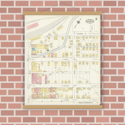 Old map wall art mockup — magnetic wood frame on brick wall — Sanborn Fire Insurance Map from Pocahontas, Tazewell County, Virginia (1913), Sheet #0002