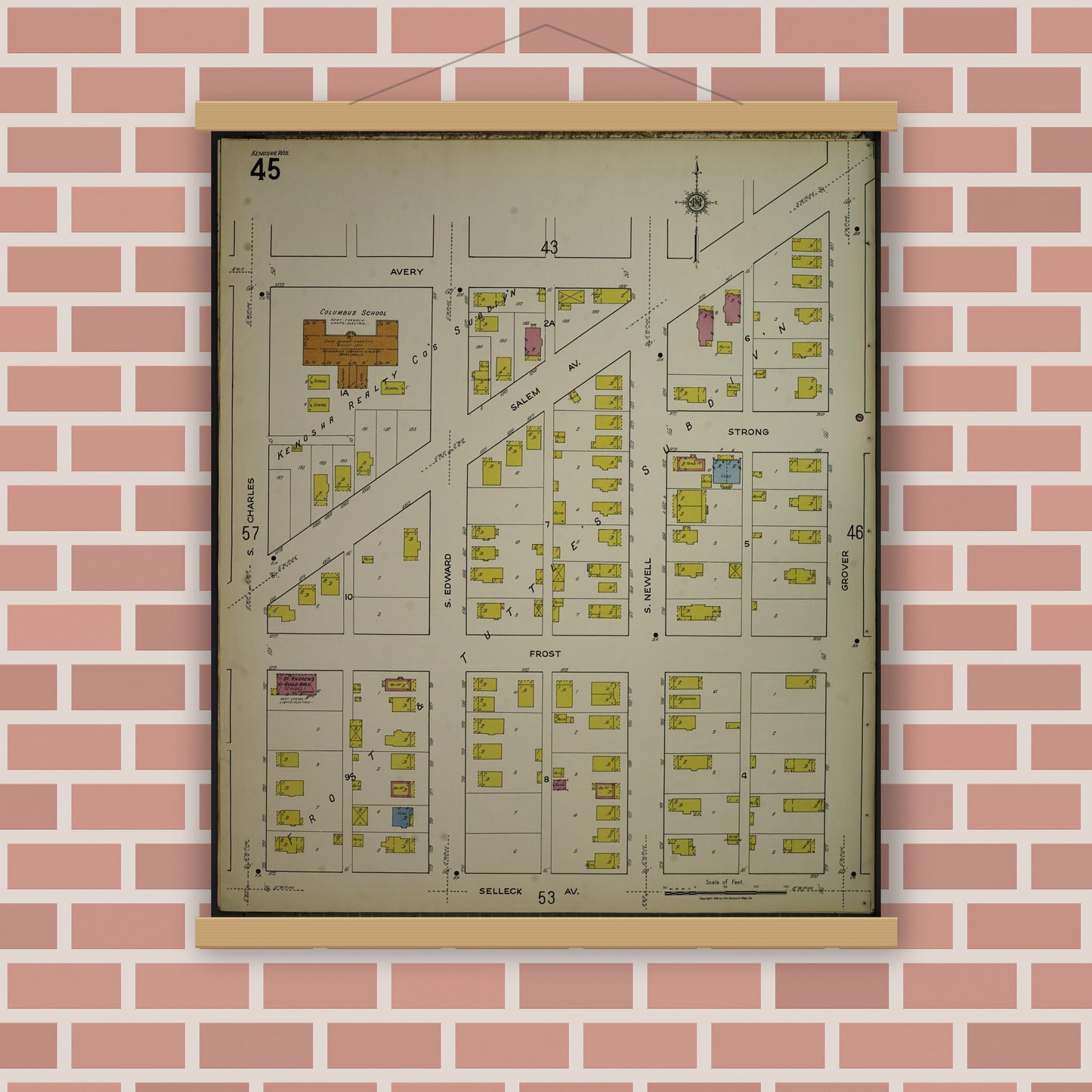 Old map wall art mockup — magnetic wood frame on brick wall — Sanborn Fire Insurance Map from Kenosha, Kenosha County, Wisconsin. (1918), Sheet 49