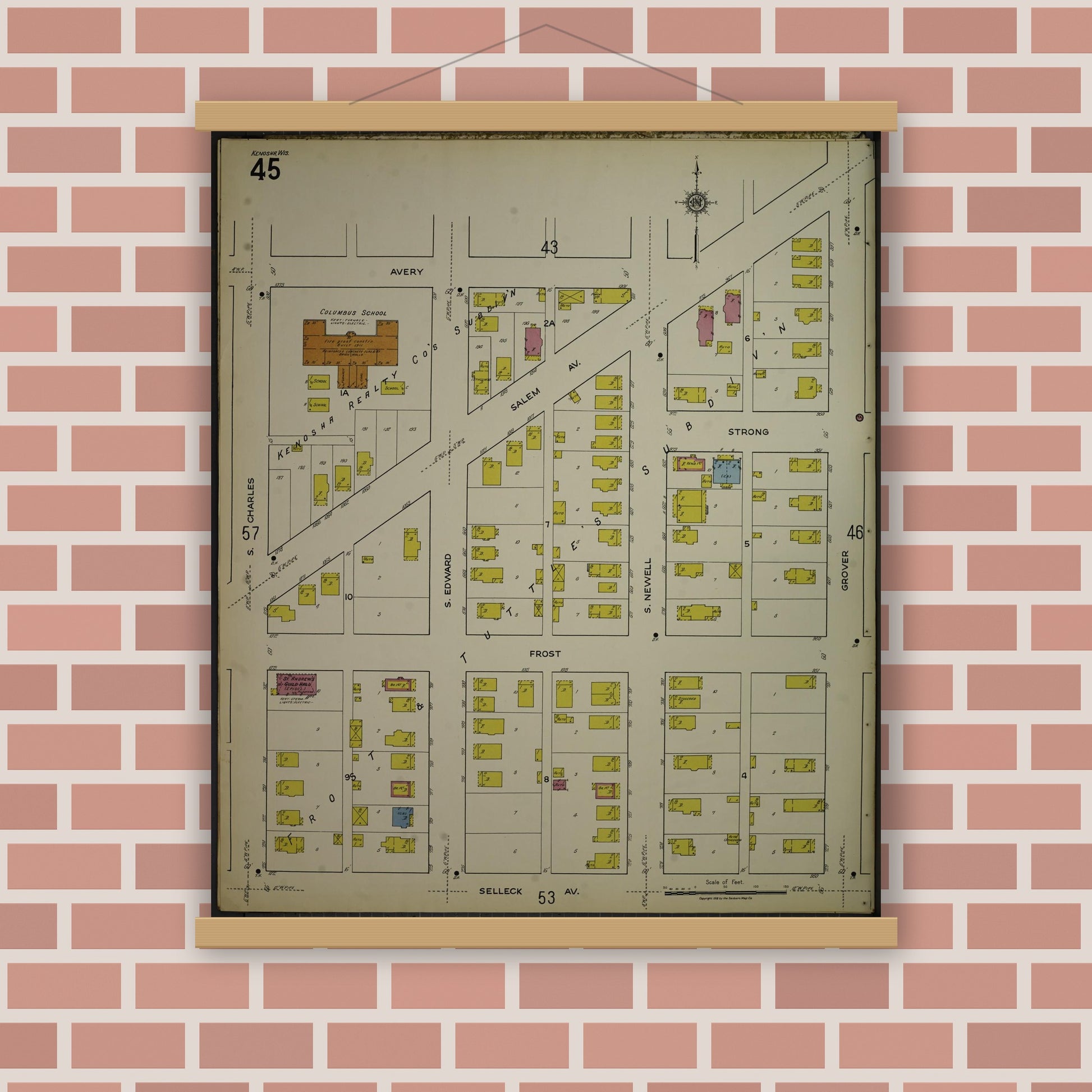 Old map wall art mockup — magnetic wood frame on brick wall — Sanborn Fire Insurance Map from Kenosha, Kenosha County, Wisconsin. (1918), Sheet 49