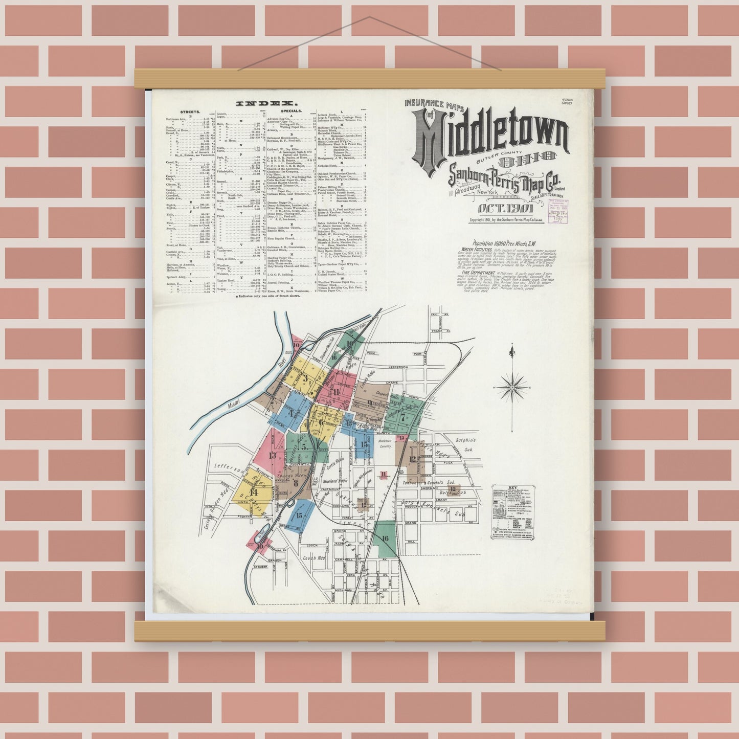 Old map wall art mockup — magnetic wood frame on brick wall — Sanborn Fire Insurance Map from Middletown, Butler County, Ohio (1901), Sheet #0001