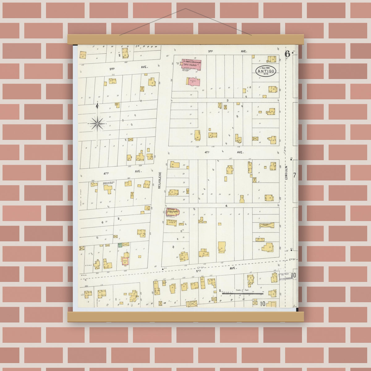 Old map wall art mockup — magnetic wood frame on brick wall — Sanborn Fire Insurance Map from Antigo, Langlade County, Wisconsin (1904), Sheet #0006