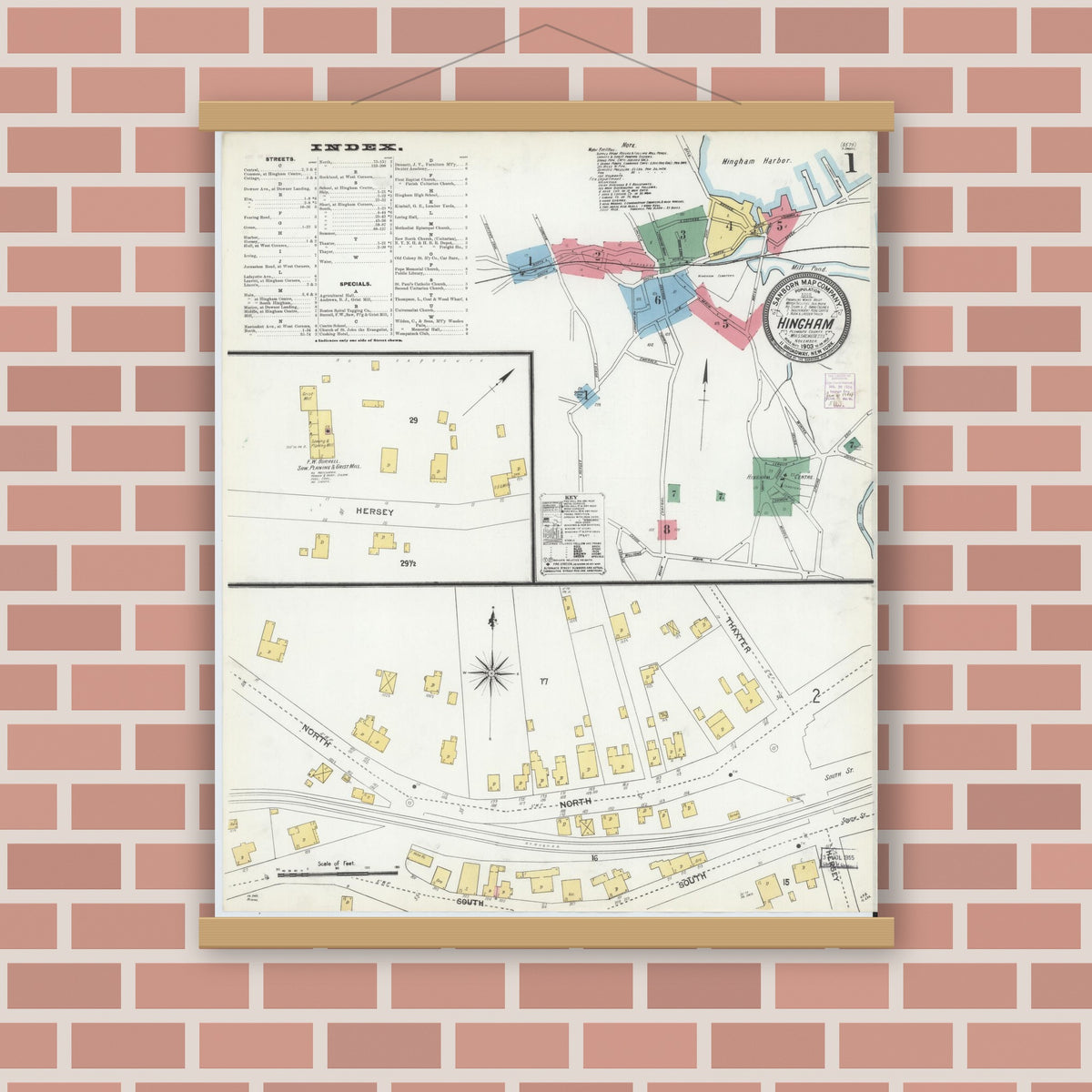 Old map wall art mockup — magnetic wood frame on brick wall — Sanborn Fire Insurance Map from Hingham, Plymouth County, Massachusetts (1903), Sheet #0001