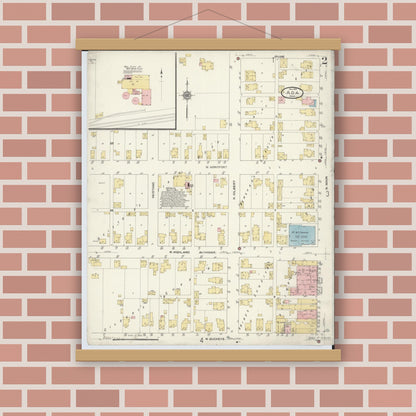 Old map wall art mockup — magnetic wood frame on brick wall — Sanborn Fire Insurance Map from Ada, Hardin County, Ohio (1910), Sheet #0002