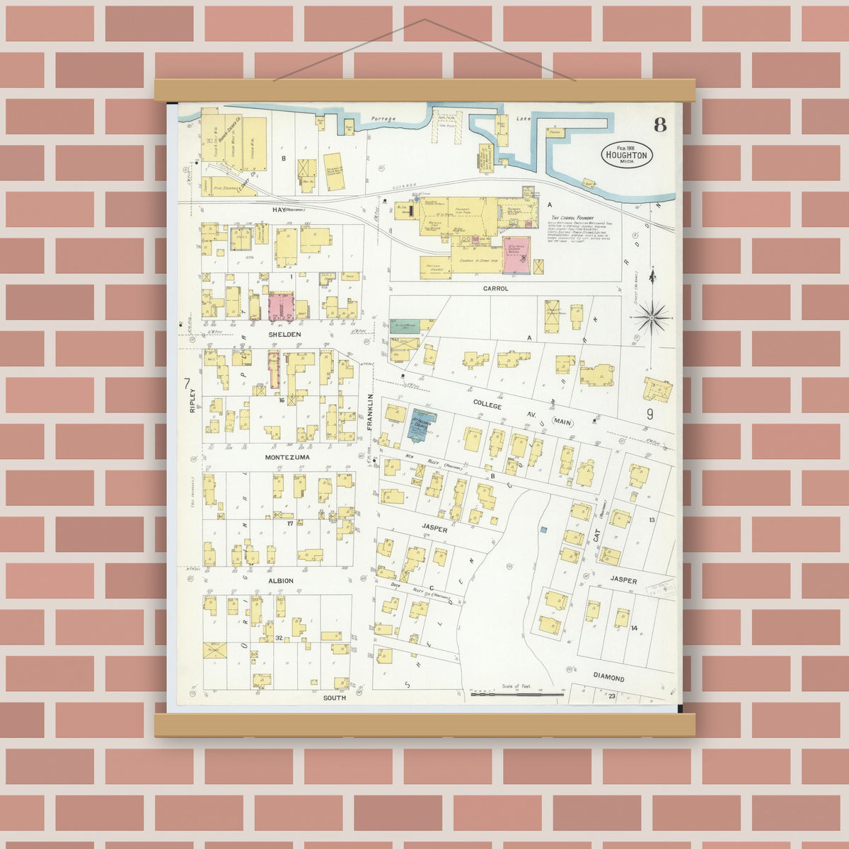 Old map wall art mockup — magnetic wood frame on brick wall — Sanborn Fire Insurance Map from Houghton, Houghton County, Michigan (1908), Sheet #0008