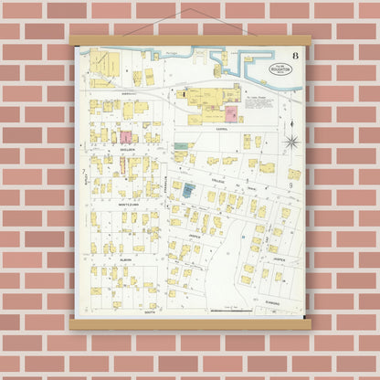 Old map wall art mockup — magnetic wood frame on brick wall — Sanborn Fire Insurance Map from Houghton, Houghton County, Michigan (1908), Sheet #0008