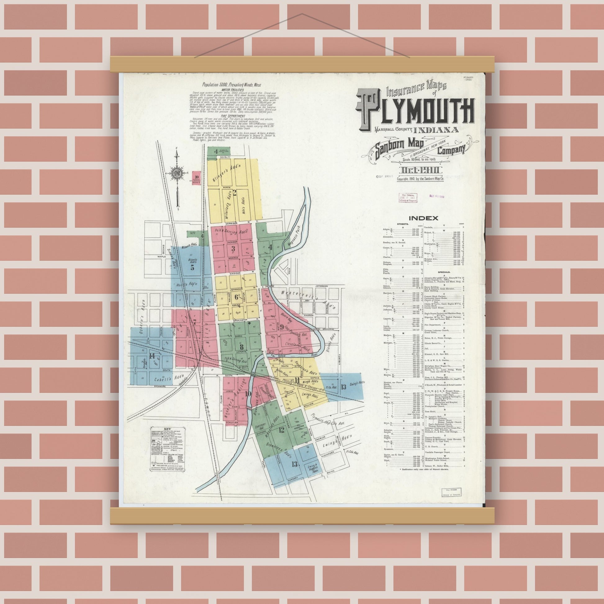 Old map wall art mockup — magnetic wood frame on brick wall — Sanborn Fire Insurance Map from Plymouth, Marhshall County, Indiana (1910), Sheet #0001