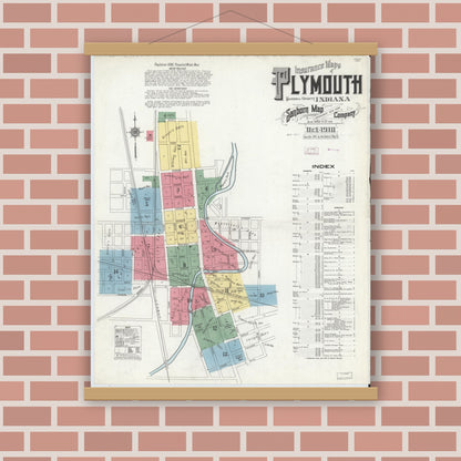 Old map wall art mockup — magnetic wood frame on brick wall — Sanborn Fire Insurance Map from Plymouth, Marhshall County, Indiana (1910), Sheet #0001