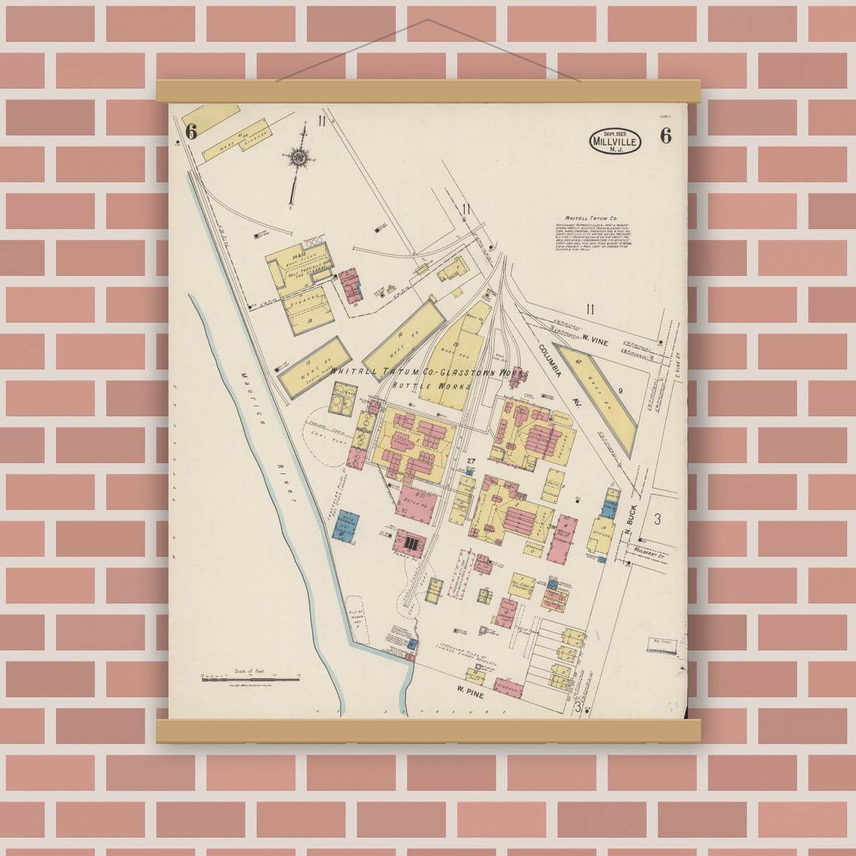 Old map wall art mockup — magnetic wood frame on brick wall — Sanborn Fire Insurance Map from Millville, Cumberland County, New Jersey (1923), Sheet #0006