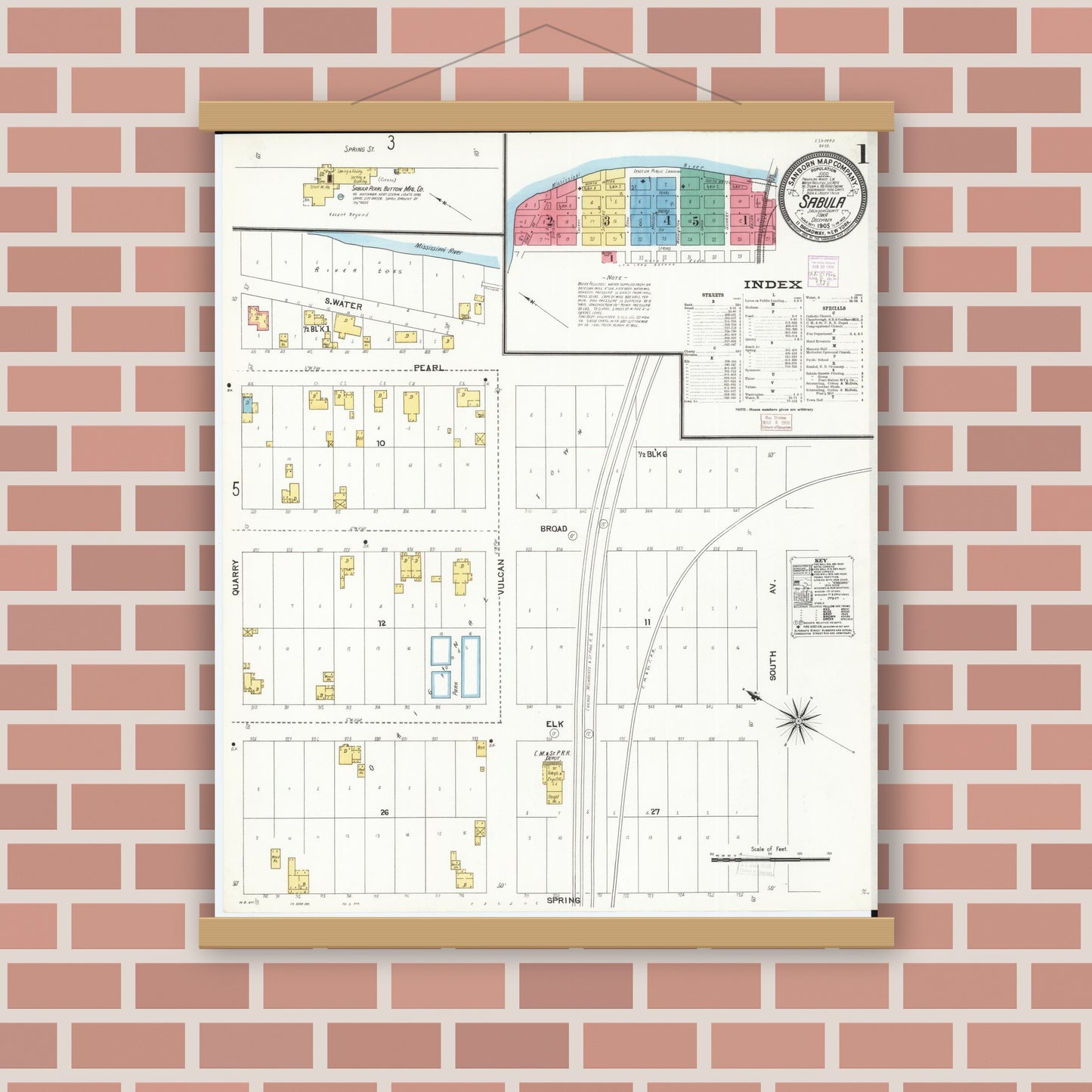 Old map wall art mockup — magnetic wood frame on brick wall — Sanborn Fire Insurance Map from Sabula, Jackson County, Iowa (1905), Sheet #0001