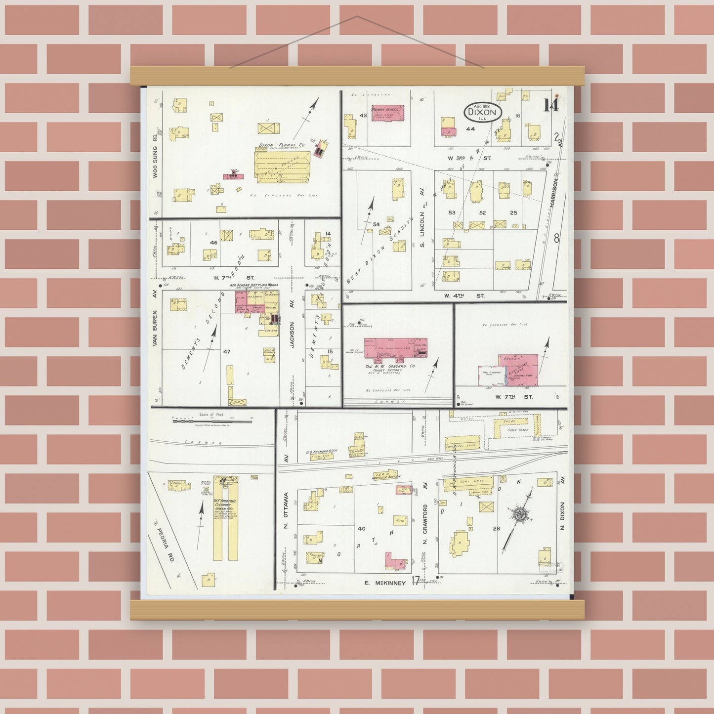 Old map wall art mockup — magnetic wood frame on brick wall — Sanborn Fire Insurance Map from Dixon, Lee County, Illinois (1918), Sheet #0014
