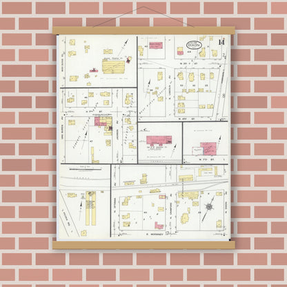 Old map wall art mockup — magnetic wood frame on brick wall — Sanborn Fire Insurance Map from Dixon, Lee County, Illinois (1918), Sheet #0014
