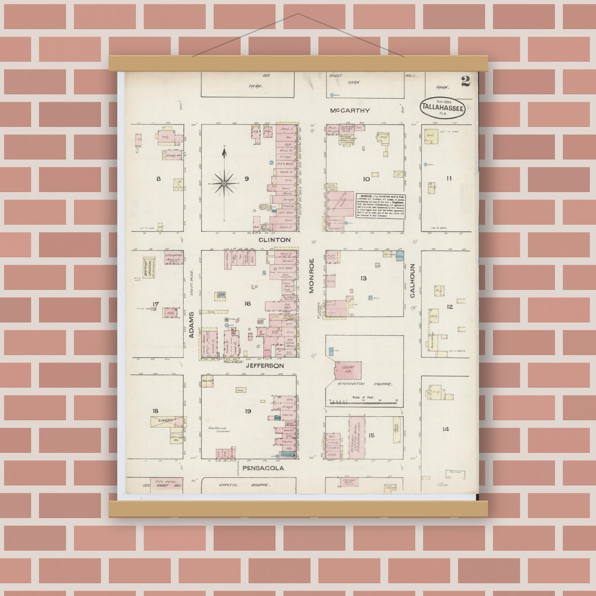 Old map wall art mockup — magnetic wood frame on brick wall — Sanborn Fire Insurance Map from Tallahassee, Leon County, Florida (1884), Sheet #0002