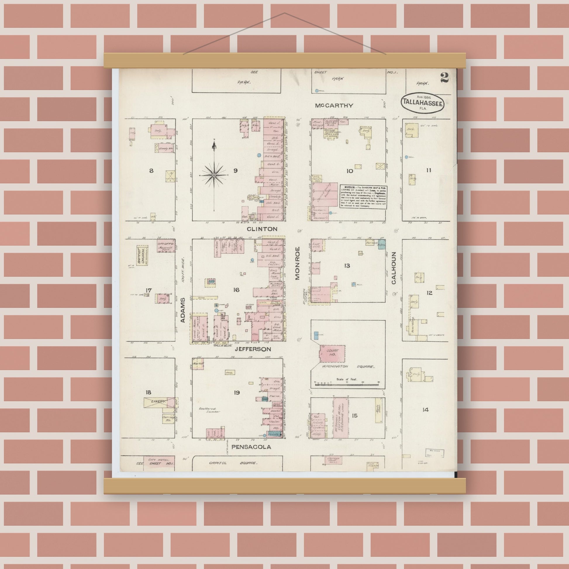 Old map wall art mockup — magnetic wood frame on brick wall — Sanborn Fire Insurance Map from Tallahassee, Leon County, Florida (1884), Sheet #0002