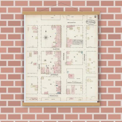 Old map wall art mockup — magnetic wood frame on brick wall — Sanborn Fire Insurance Map from Tallahassee, Leon County, Florida (1884), Sheet #0002