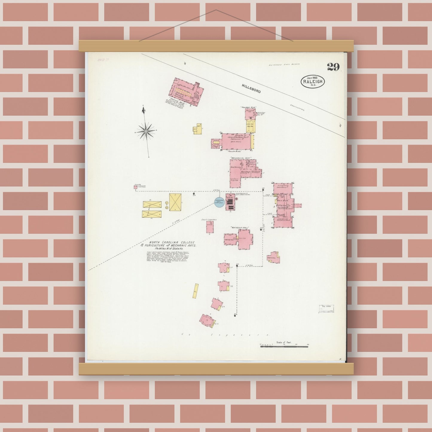 Old map wall art mockup — magnetic wood frame on brick wall — Sanborn Fire Insurance Map from Raleigh, Wake County, North Carolina (1903), Sheet #0029
