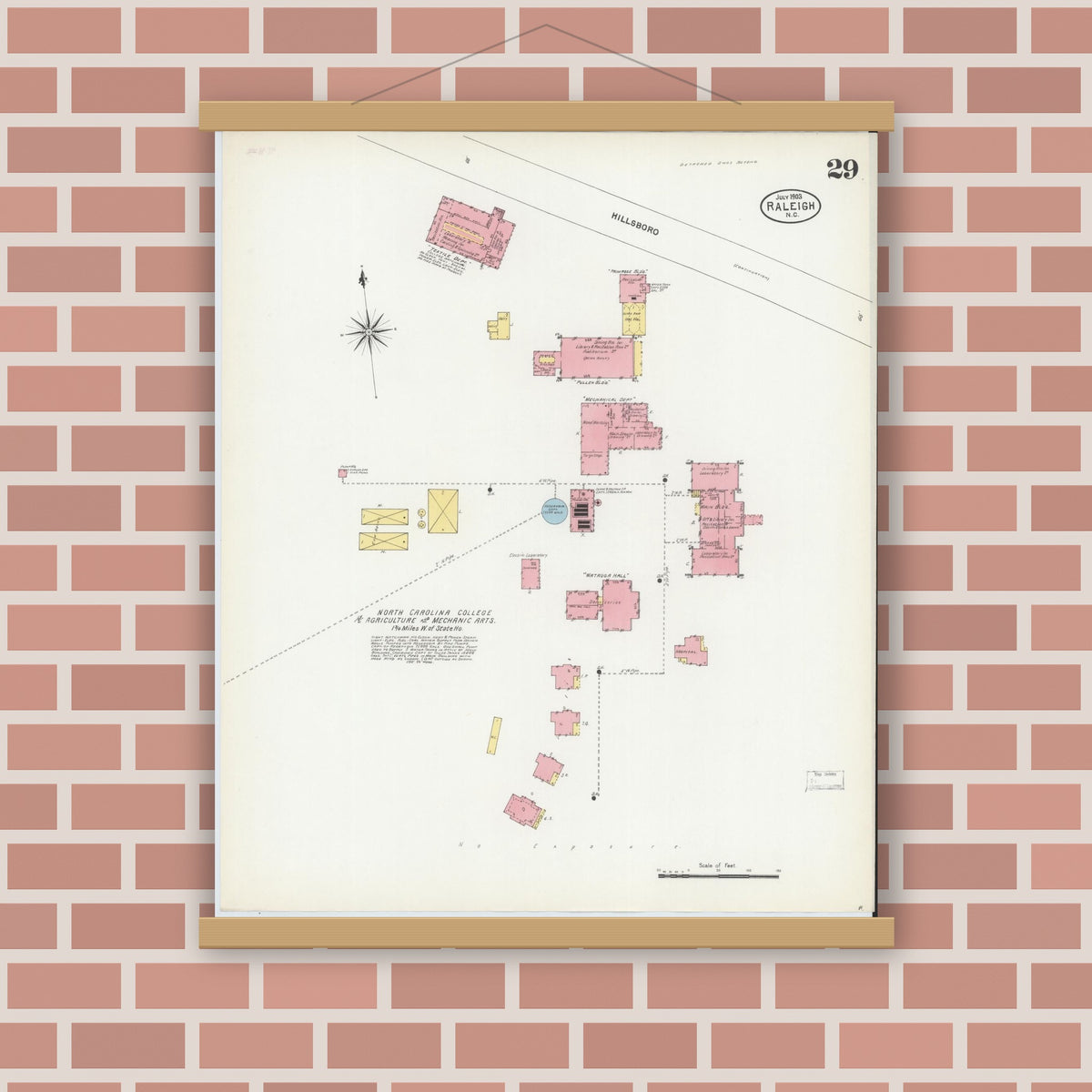 Old map wall art mockup — magnetic wood frame on brick wall — Sanborn Fire Insurance Map from Raleigh, Wake County, North Carolina (1903), Sheet #0029