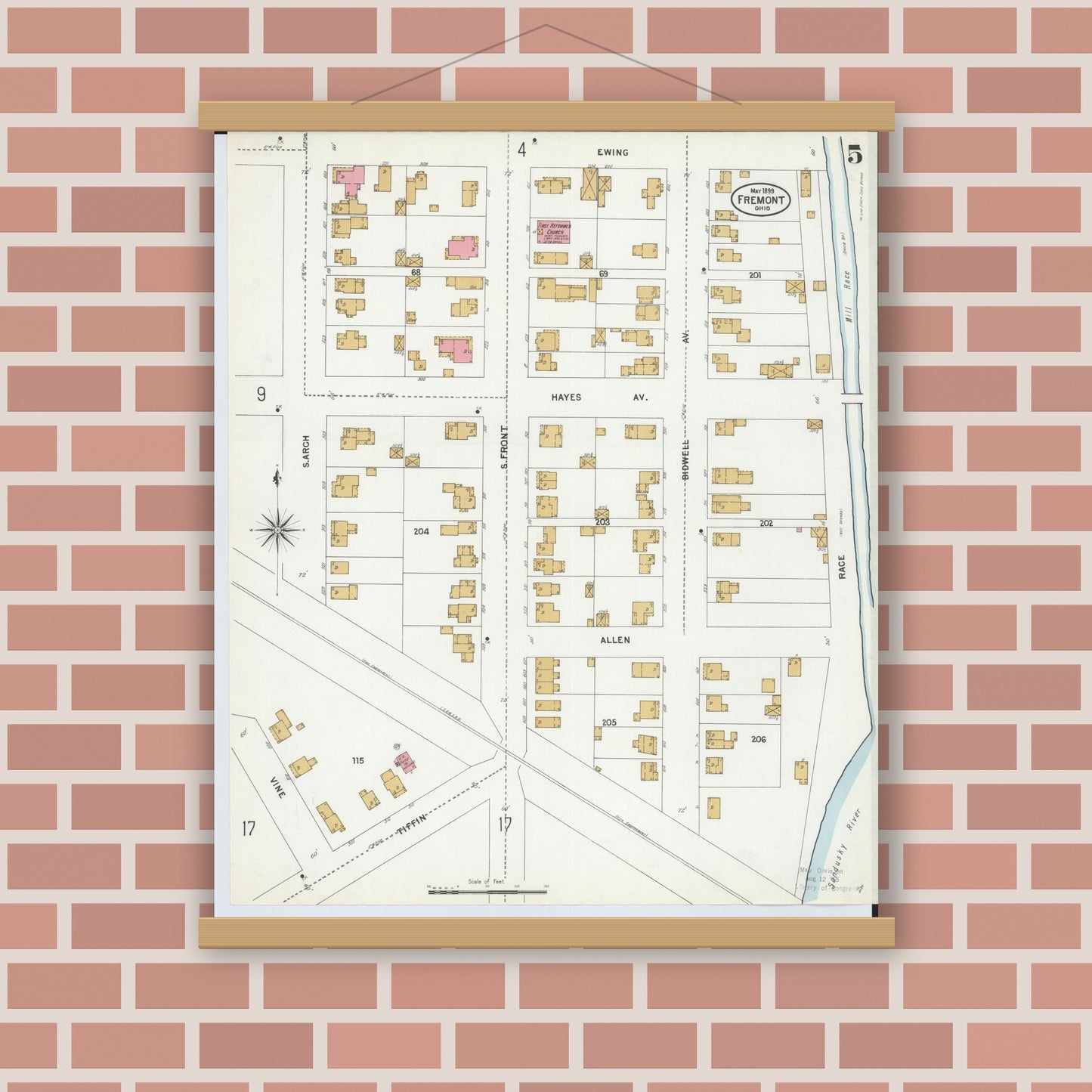 Old map wall art mockup — magnetic wood frame on brick wall — Sanborn Fire Insurance Map from Fremont, Sandusky County, Ohio (1899), Sheet #0005