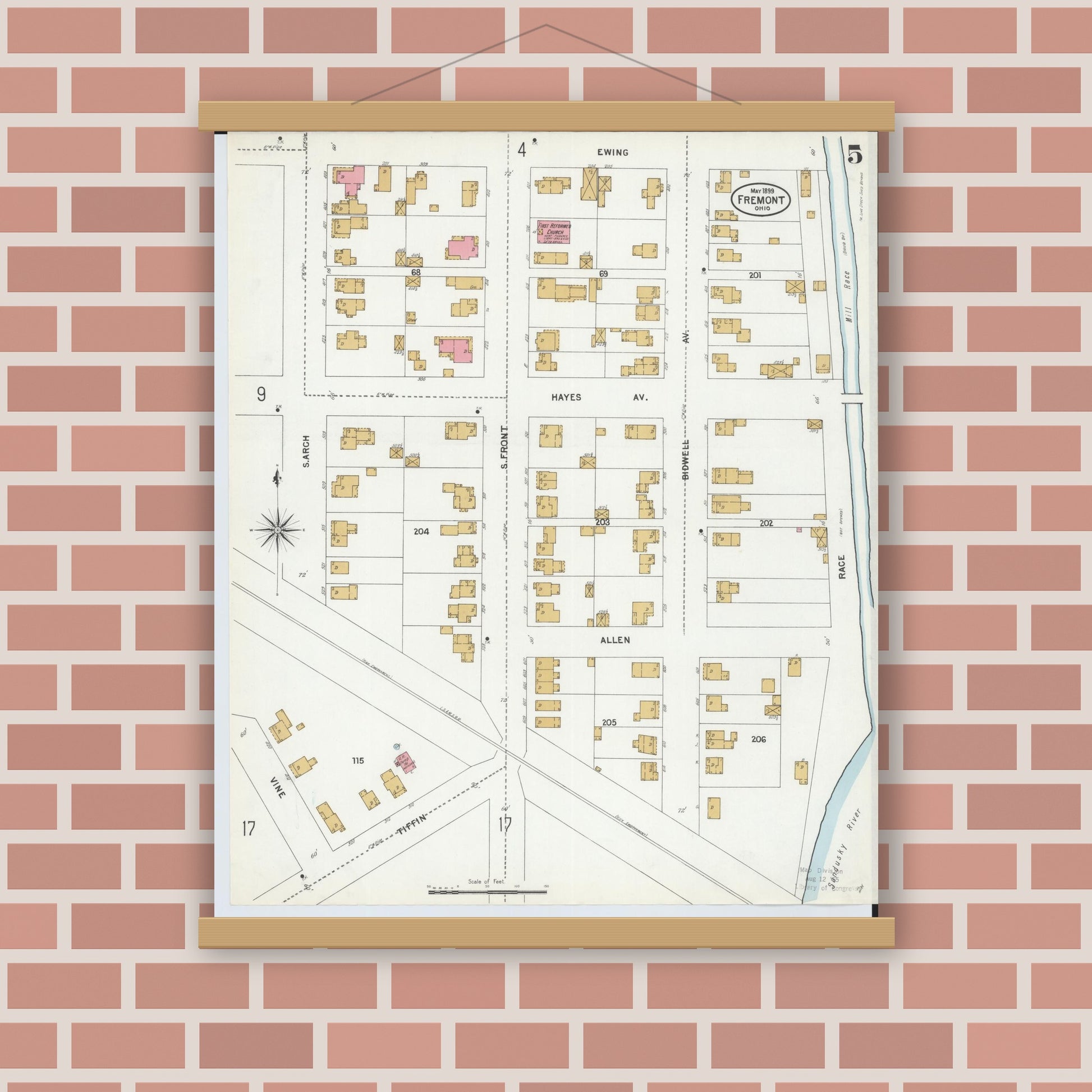Old map wall art mockup — magnetic wood frame on brick wall — Sanborn Fire Insurance Map from Fremont, Sandusky County, Ohio (1899), Sheet #0005