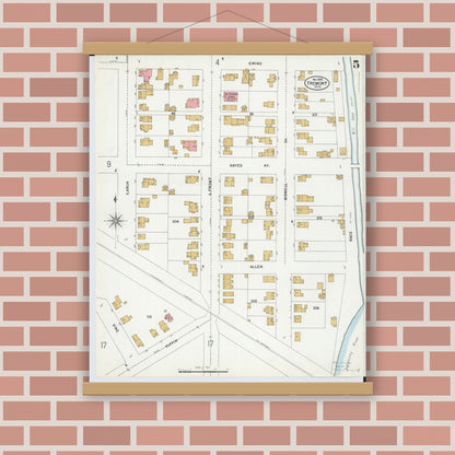Old map wall art mockup — magnetic wood frame on brick wall — Sanborn Fire Insurance Map from Fremont, Sandusky County, Ohio (1899), Sheet #0005