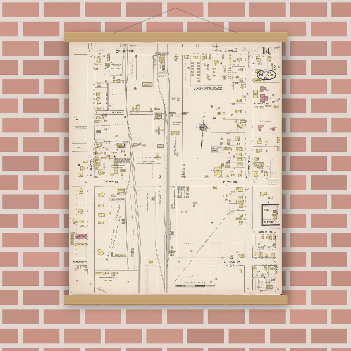 Old map wall art mockup — magnetic wood frame on brick wall — Sanborn Fire Insurance Map from Mexia, Limestone County, Texas (1922), Sheet #0014