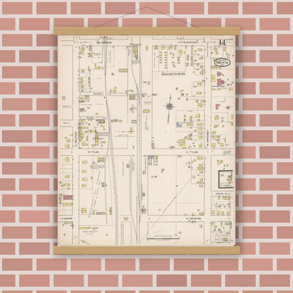 Old map wall art mockup — magnetic wood frame on brick wall — Sanborn Fire Insurance Map from Mexia, Limestone County, Texas (1922), Sheet #0014