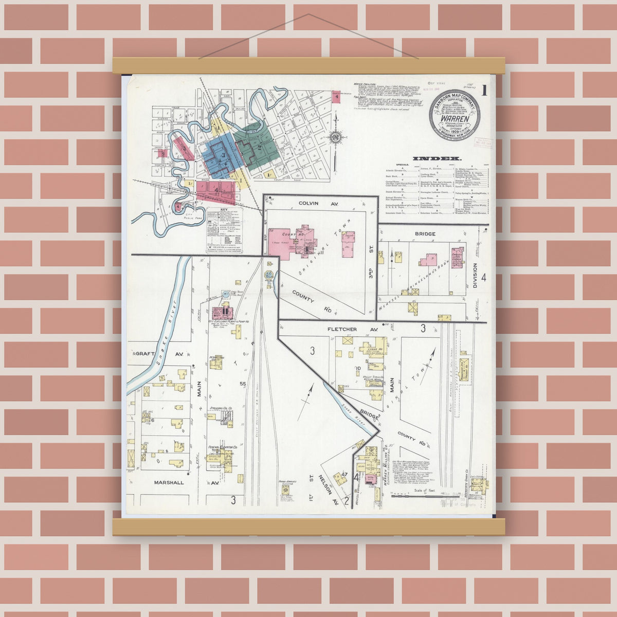 Old map wall art mockup — magnetic wood frame on brick wall — Sanborn Fire Insurance Map from Warren, Marshall County, Minnesota (1909), Sheet #0001