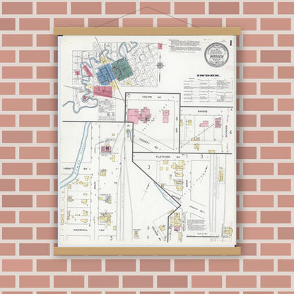 Old map wall art mockup — magnetic wood frame on brick wall — Sanborn Fire Insurance Map from Warren, Marshall County, Minnesota (1909), Sheet #0001