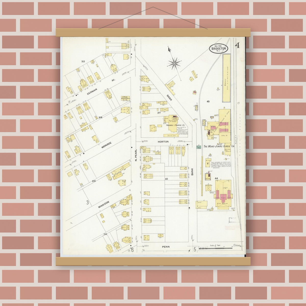 Old map wall art mockup — magnetic wood frame on brick wall — Sanborn Fire Insurance Map from Bridgeton, Cumberland County, New Jersey (1908), Sheet #0004