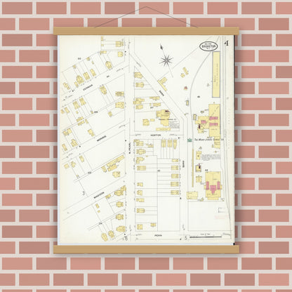 Old map wall art mockup — magnetic wood frame on brick wall — Sanborn Fire Insurance Map from Bridgeton, Cumberland County, New Jersey (1908), Sheet #0004
