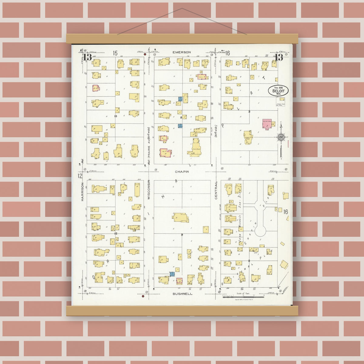 Old map wall art mockup — magnetic wood frame on brick wall — Sanborn Fire Insurance Map from Beloit, Rock County, Wisconsin (1926), Sheet #0013