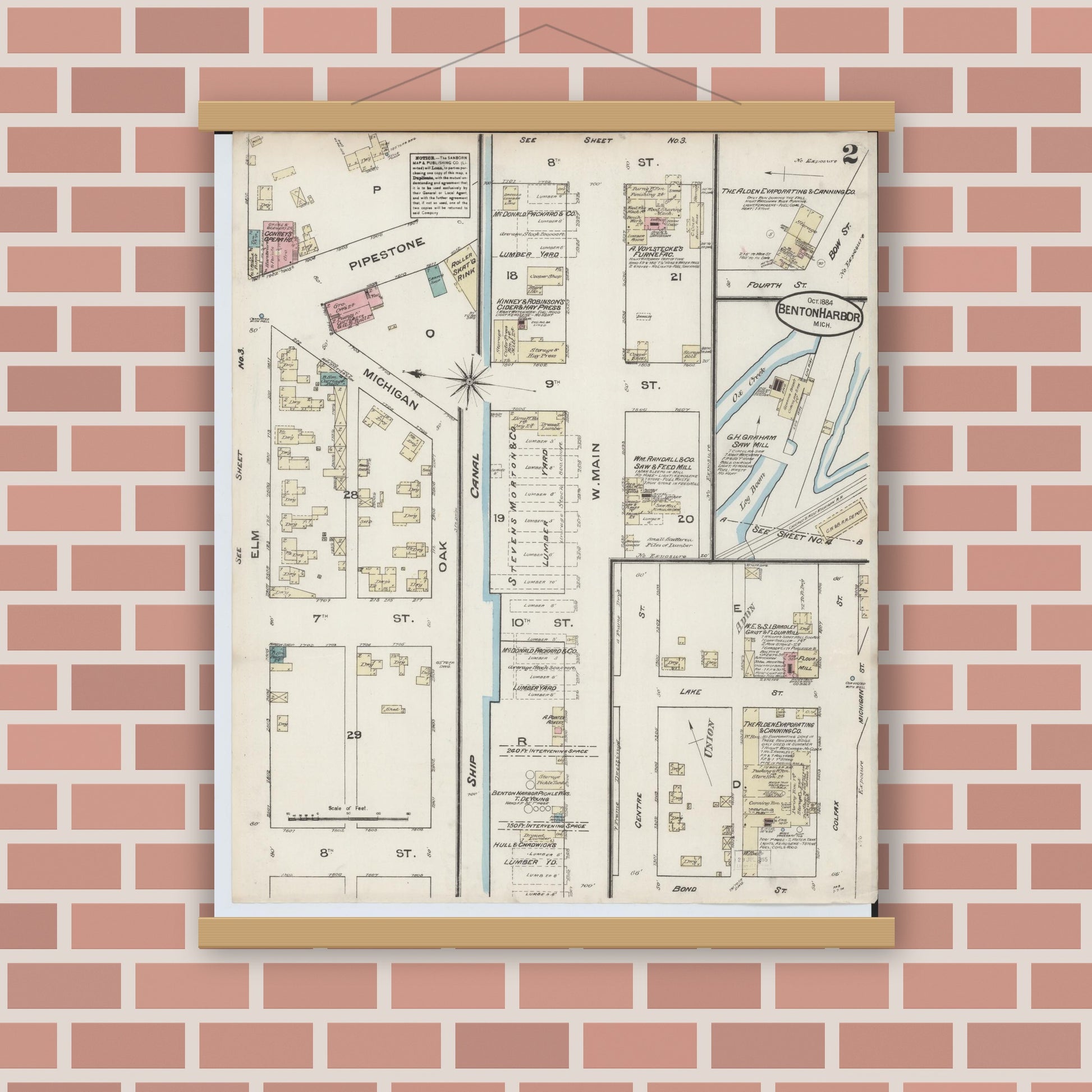 Old map wall art mockup — magnetic wood frame on brick wall — Sanborn Fire Insurance Map from Benton Harbor, Berrien County, Michigan (1884), Sheet #0002