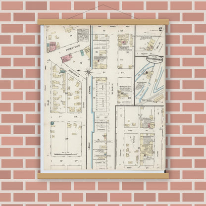 Old map wall art mockup — magnetic wood frame on brick wall — Sanborn Fire Insurance Map from Benton Harbor, Berrien County, Michigan (1884), Sheet #0002