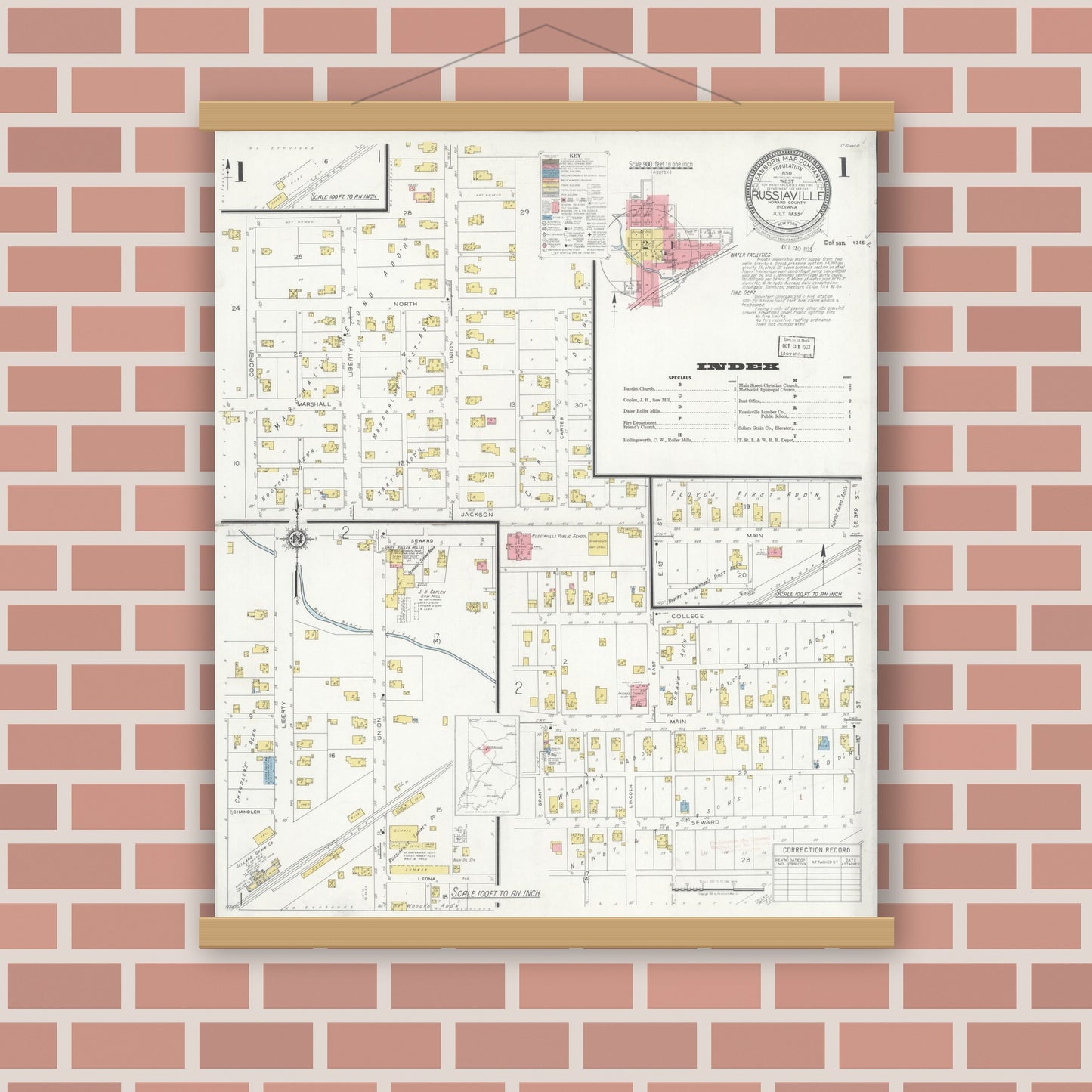 Old map wall art mockup — magnetic wood frame on brick wall — Sanborn Fire Insurance Map from Russiaville, Howard County, Indiana (1933) - Complete Map Set