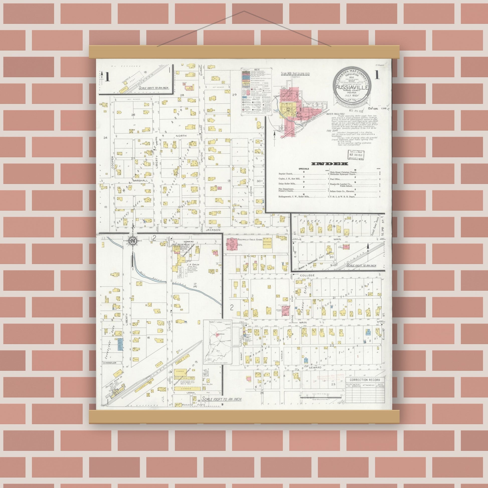 Old map wall art mockup — magnetic wood frame on brick wall — Sanborn Fire Insurance Map from Russiaville, Howard County, Indiana (1933) - Complete Map Set