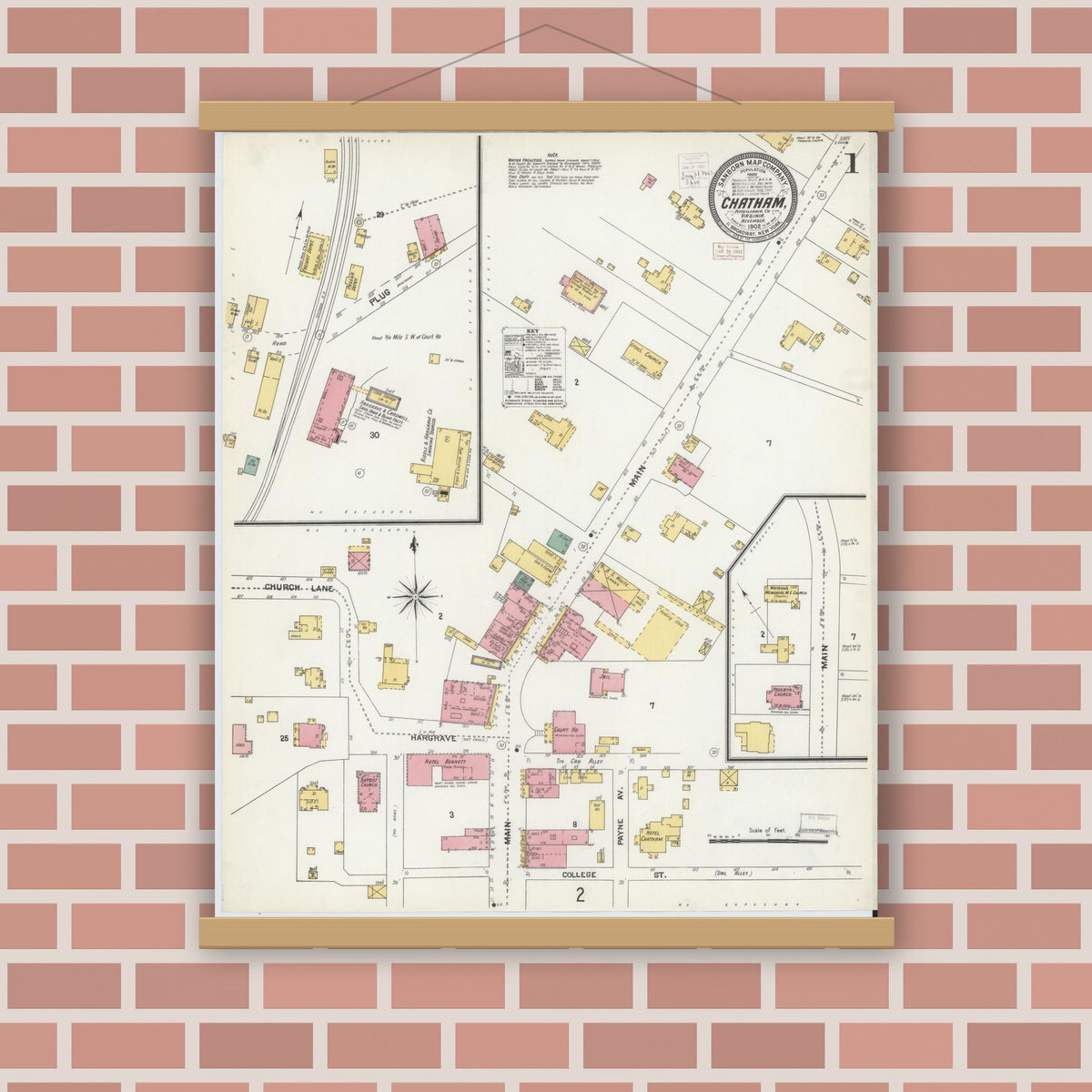 Old map wall art mockup — magnetic wood frame on brick wall — Sanborn Fire Insurance Map from Chatham, Pittsylvania County, Virginia (1902) - Complete Map Set