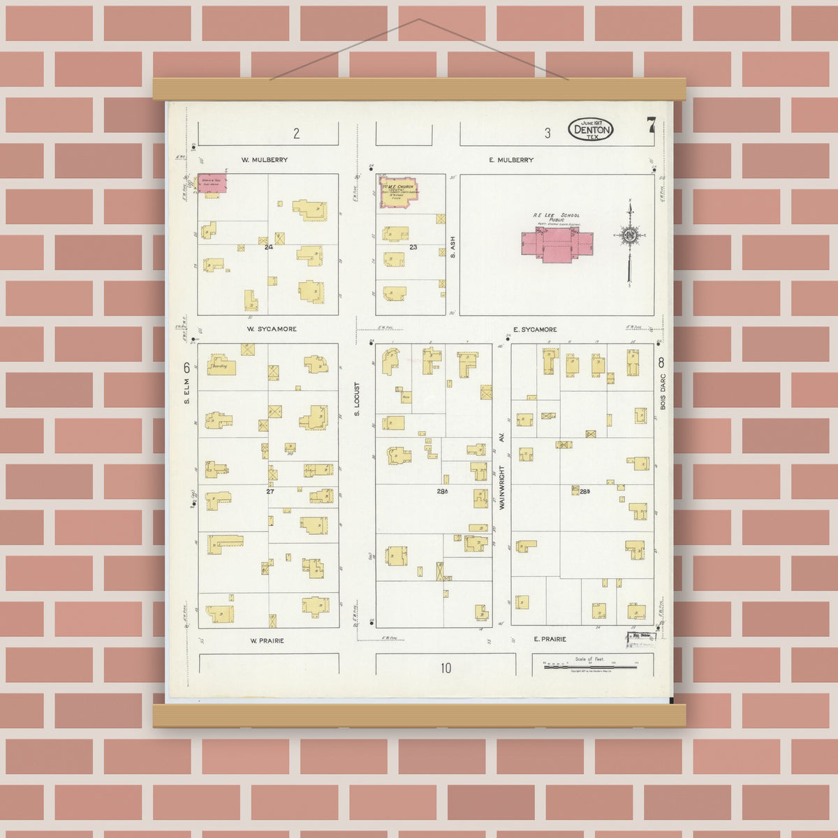 Old map wall art mockup — magnetic wood frame on brick wall — Sanborn Fire Insurance Map from Denton, Denton County, Texas (1917), Sheet #0007